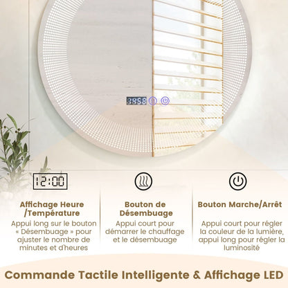 Ø 60 Cm Miroir De Salle De Bain Avec Motif LED Antibuée 3 Couleurs Fonction Mémoire Affichage Temps Température IP44 Argent