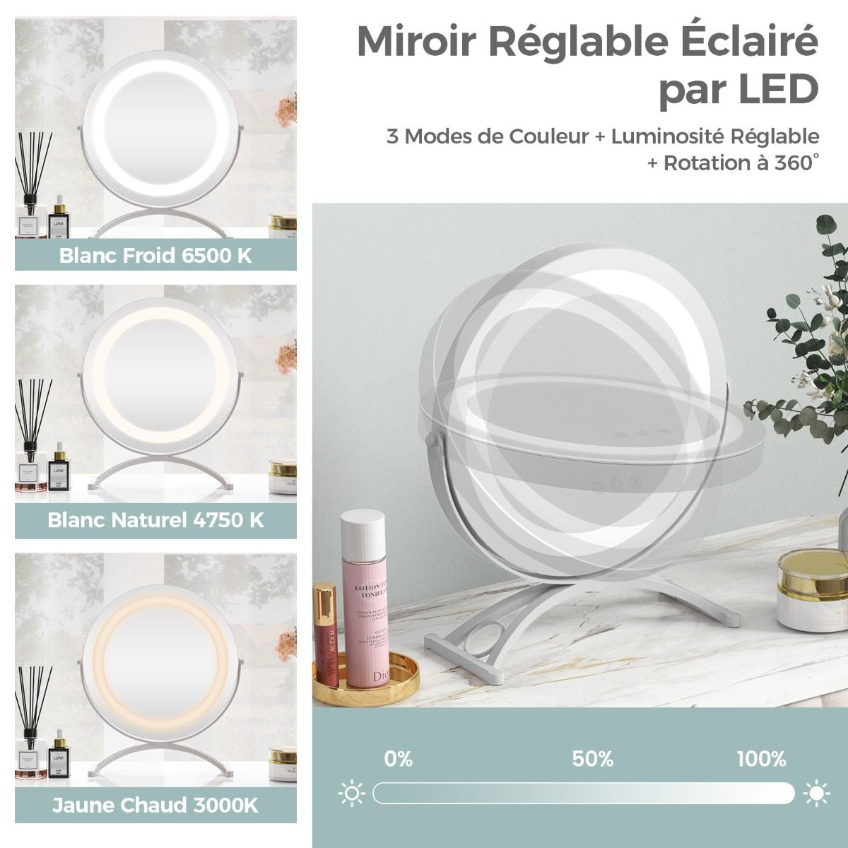 Miroir Maquillage Rond 30CM Lumière LED Réglable Écran Tactile Rotation À 360° Fonction Mémoire Support En Métal