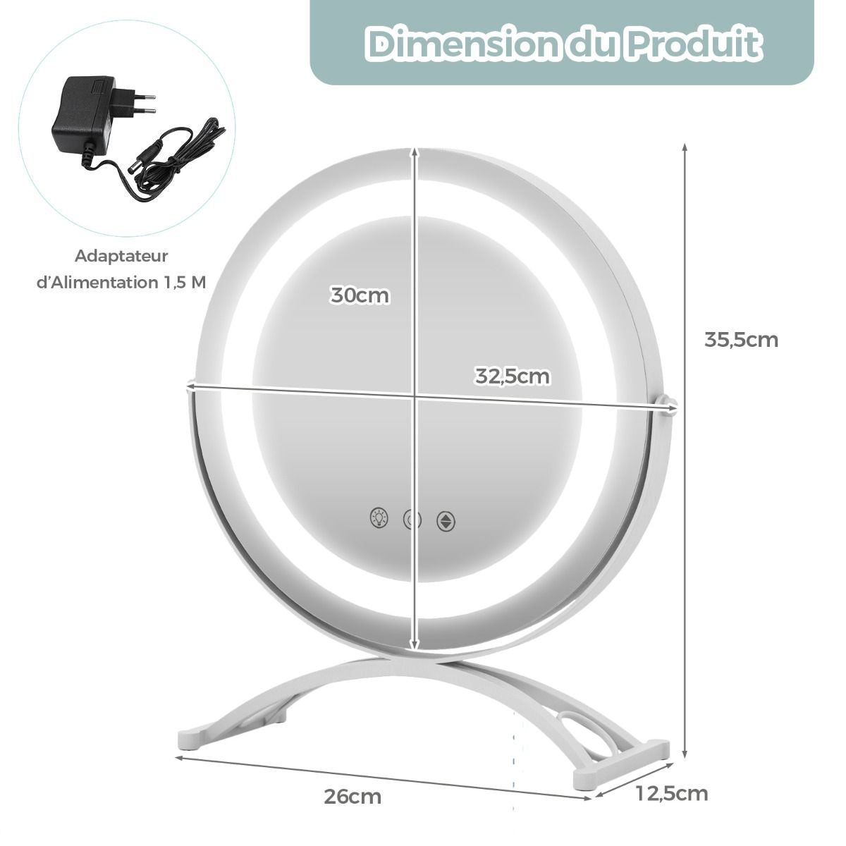 Miroir Maquillage Rond 30CM Lumière LED Réglable Écran Tactile Rotation À 360° Fonction Mémoire Support En Métal