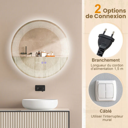 Ø 60 Cm Miroir De Salle De Bain Avec Motif LED Antibuée 3 Couleurs Fonction Mémoire Affichage Temps Température IP44 Argent