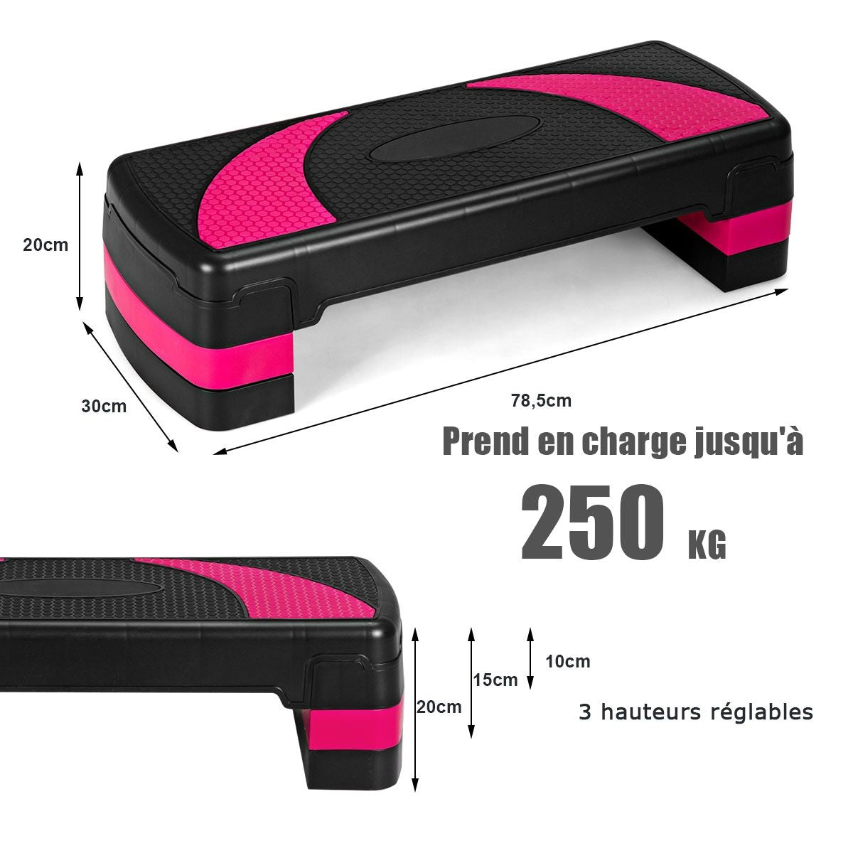 Stepper D'Aérobic Hauteur Réglable 3 Niveaux 10/15/20CM Surface Antidérapant Charge 250KG