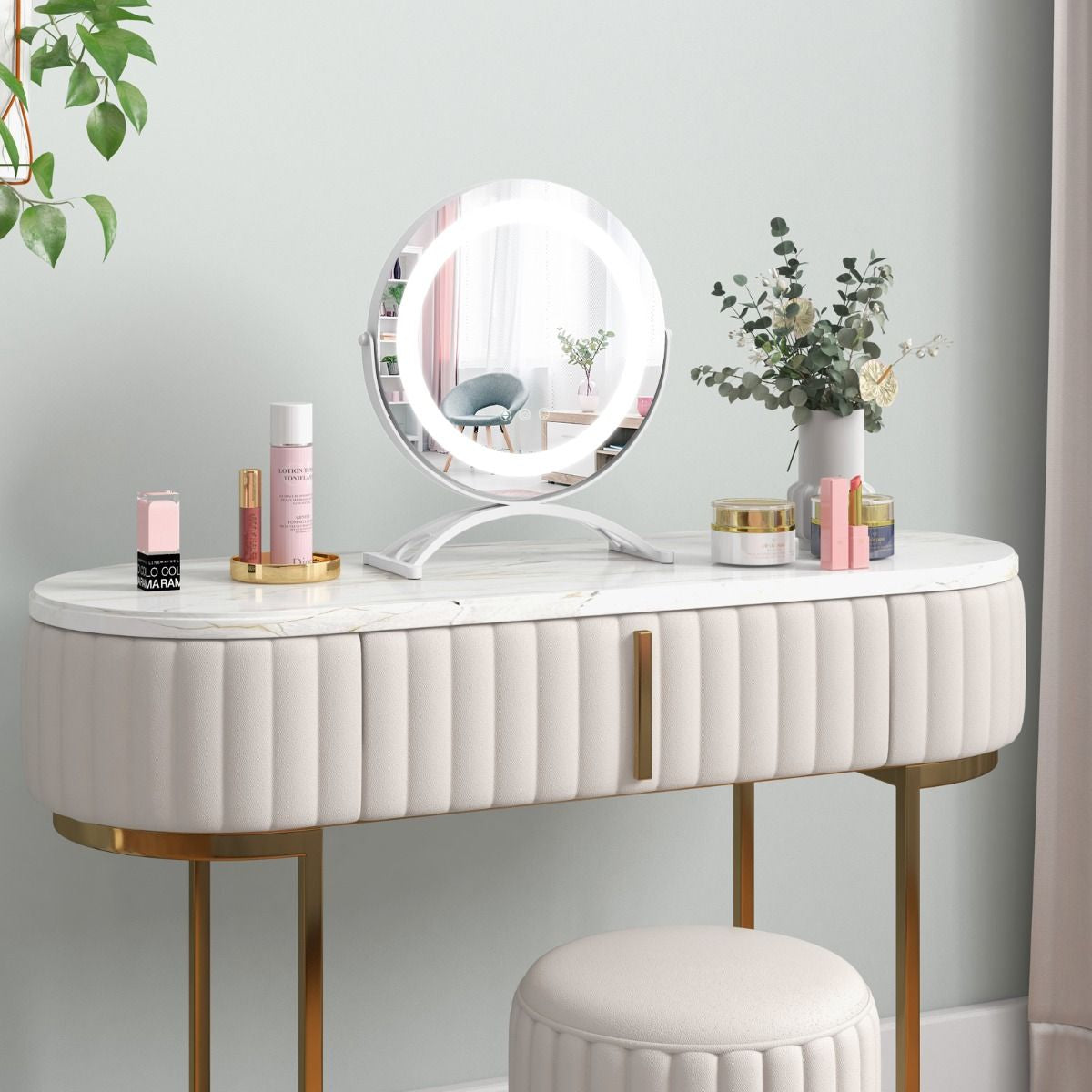 Miroir Maquillage Rond 30CM Lumière LED Réglable Écran Tactile Rotation À 360° Fonction Mémoire Support En Métal