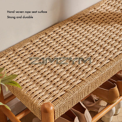 Tabouret à chaussures tissé en rotin et bois massif