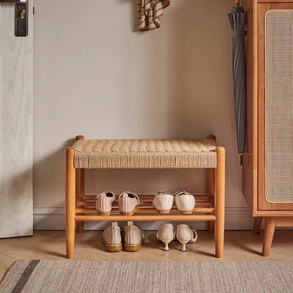 Tabouret à chaussures tissé en rotin et bois massif