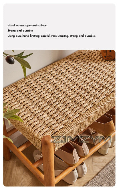 Tabouret à chaussures tissé en rotin et bois massif