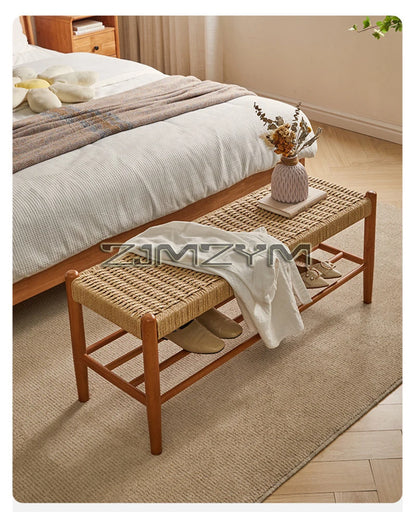 Tabouret à chaussures tissé en rotin et bois massif