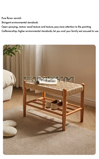 Tabouret à chaussures tissé en rotin et bois massif