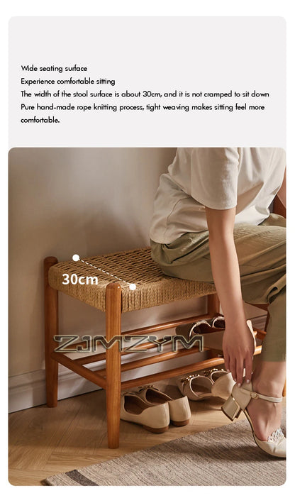 Tabouret à chaussures tissé en rotin et bois massif