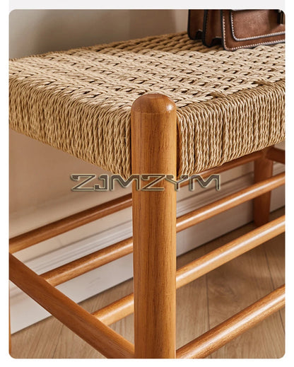 Tabouret à chaussures tissé en rotin et bois massif