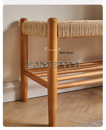 Tabouret à chaussures tissé en rotin et bois massif