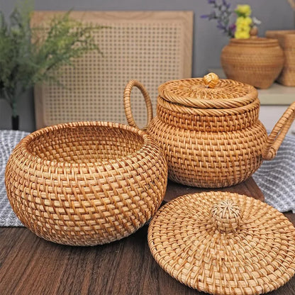 Panier rond en rotin avec couvercle