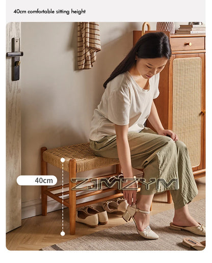 Tabouret à chaussures tissé en rotin et bois massif