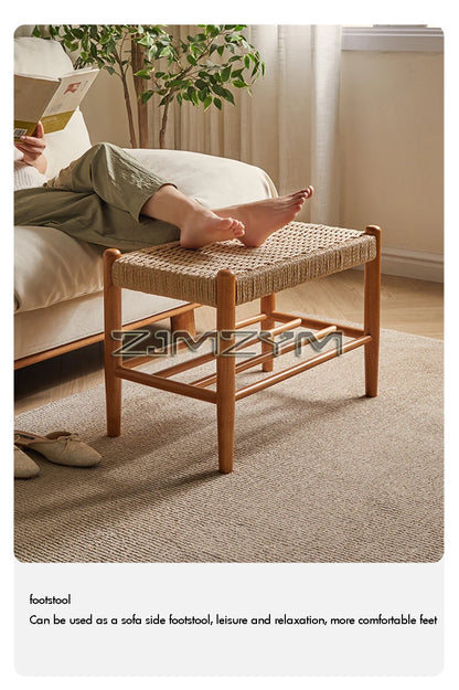 Tabouret à chaussures tissé en rotin et bois massif