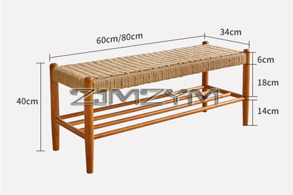 Tabouret à chaussures tissé en rotin et bois massif