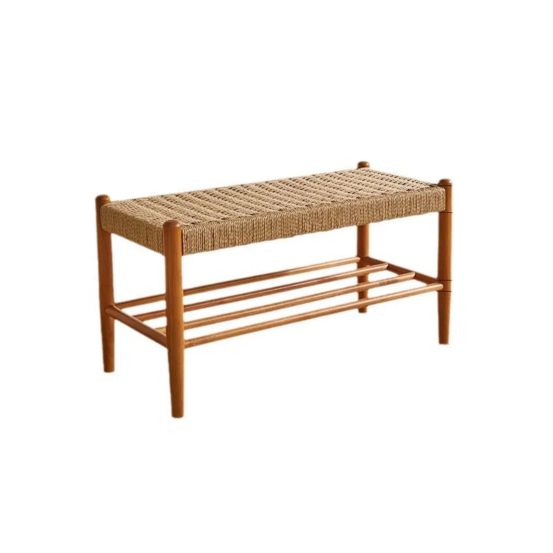 Tabouret à chaussures tissé en rotin et bois massif