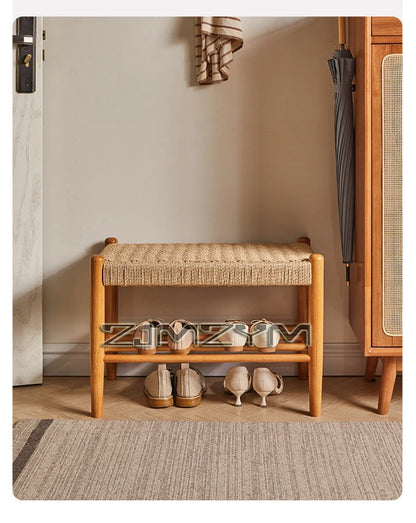 Tabouret à chaussures tissé en rotin et bois massif