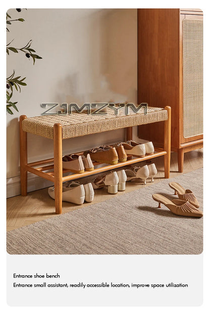 Tabouret à chaussures tissé en rotin et bois massif