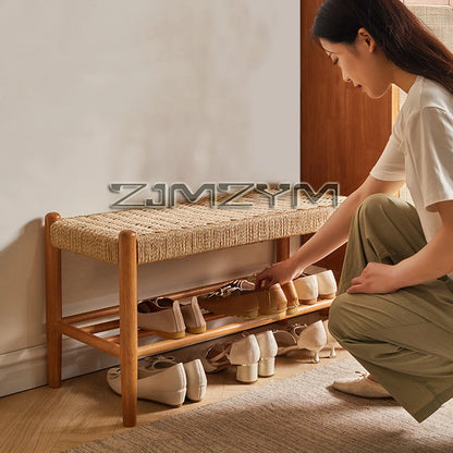 Tabouret à chaussures tissé en rotin et bois massif