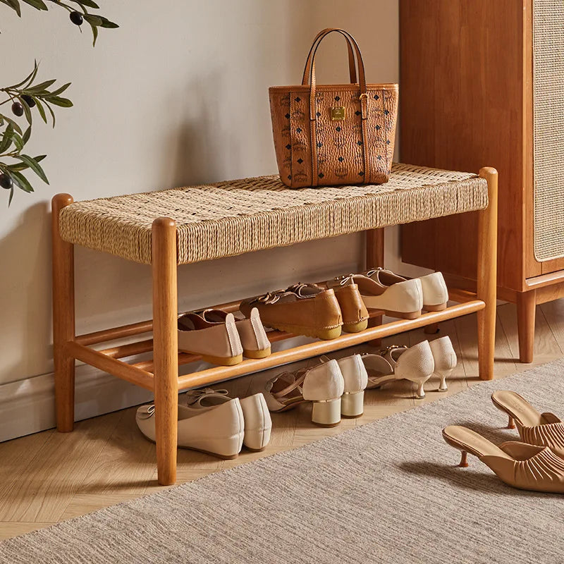 Tabouret à chaussures tissé en rotin et bois massif