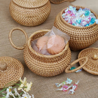 Panier rond en rotin avec couvercle