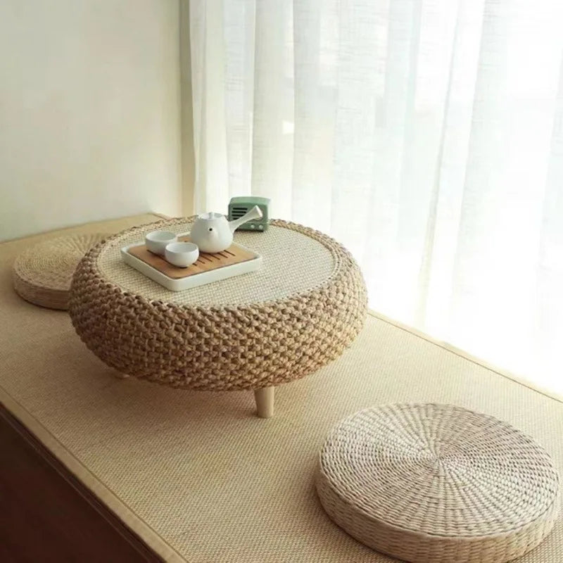 Table basse ronde moderne en rotin tissé à la main