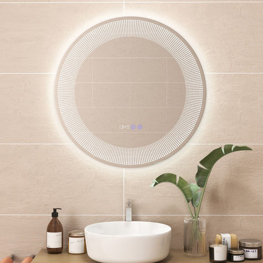 Ø 60 Cm Miroir De Salle De Bain Avec Motif LED Antibuée 3 Couleurs Fonction Mémoire Affichage Temps Température IP44 Argent