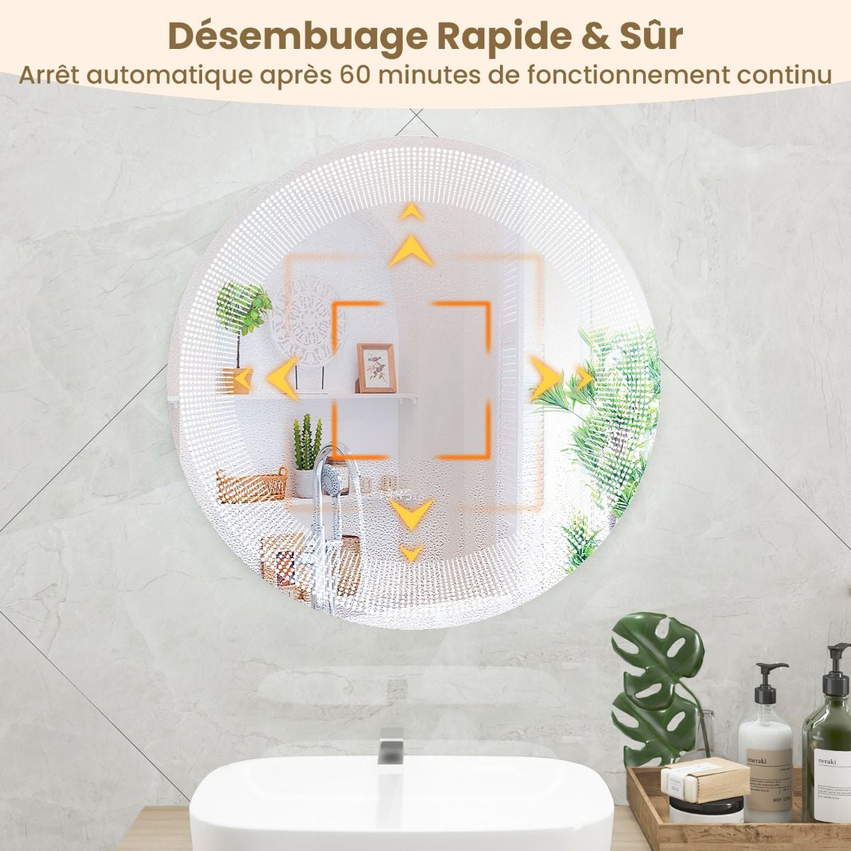 Ø 60 Cm Miroir De Salle De Bain Avec Motif LED Antibuée 3 Couleurs Fonction Mémoire Affichage Temps Température IP44 Argent