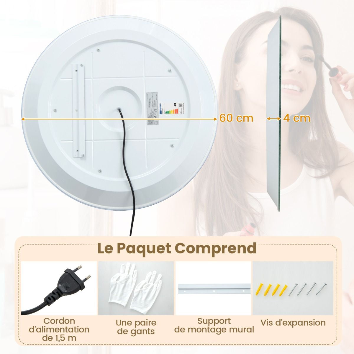 Ø 60 Cm Miroir De Salle De Bain Avec Motif LED Antibuée 3 Couleurs Fonction Mémoire Affichage Temps Température IP44 Argent